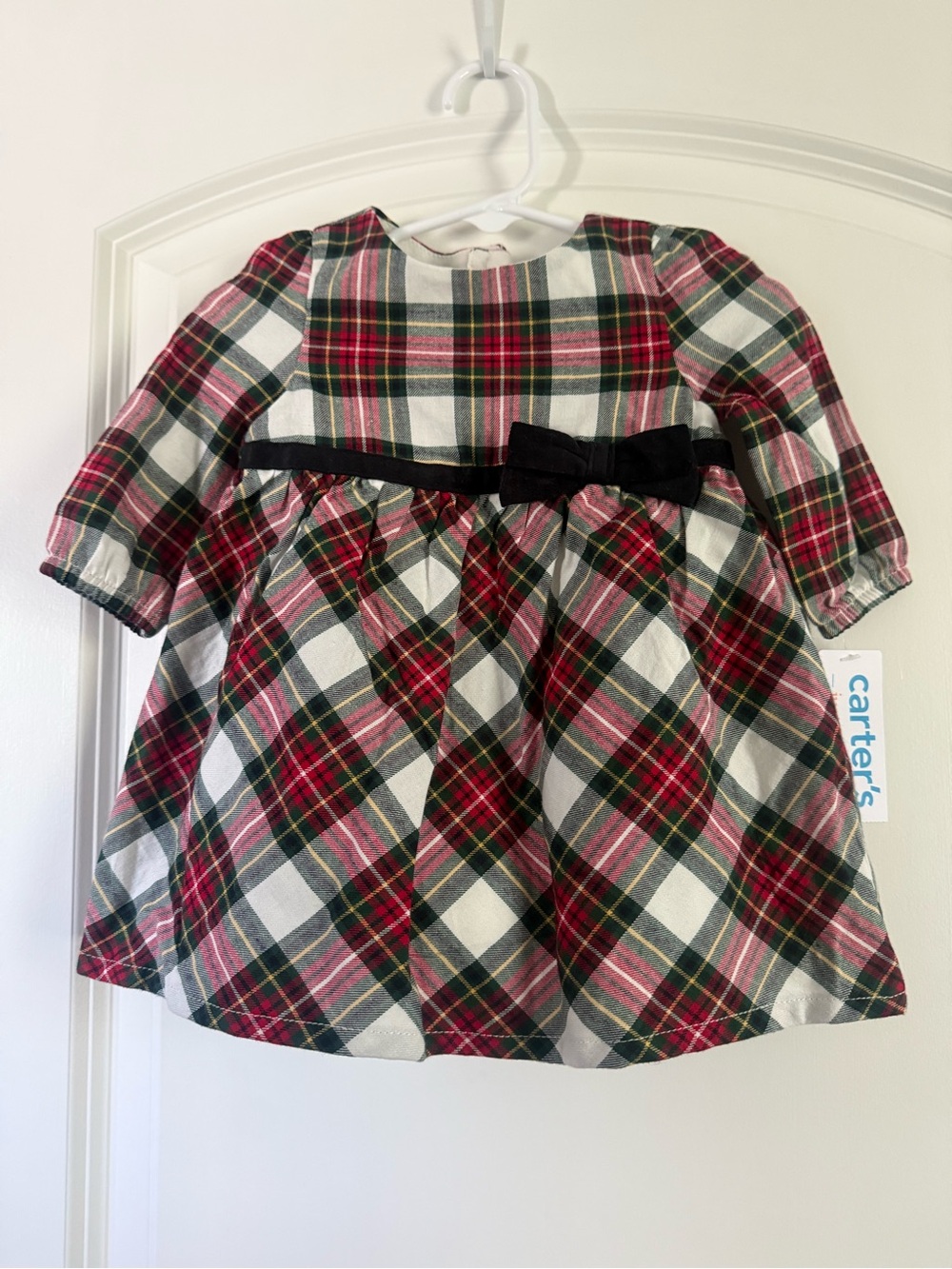 Carter's Red & Green Plaid Velvet Bow Baby Dress NWT 6mo